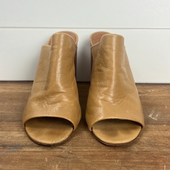 Tory Burch Raya peep toe mule heels wooden heel size 8.5 leather tan - Picture 2 of 12